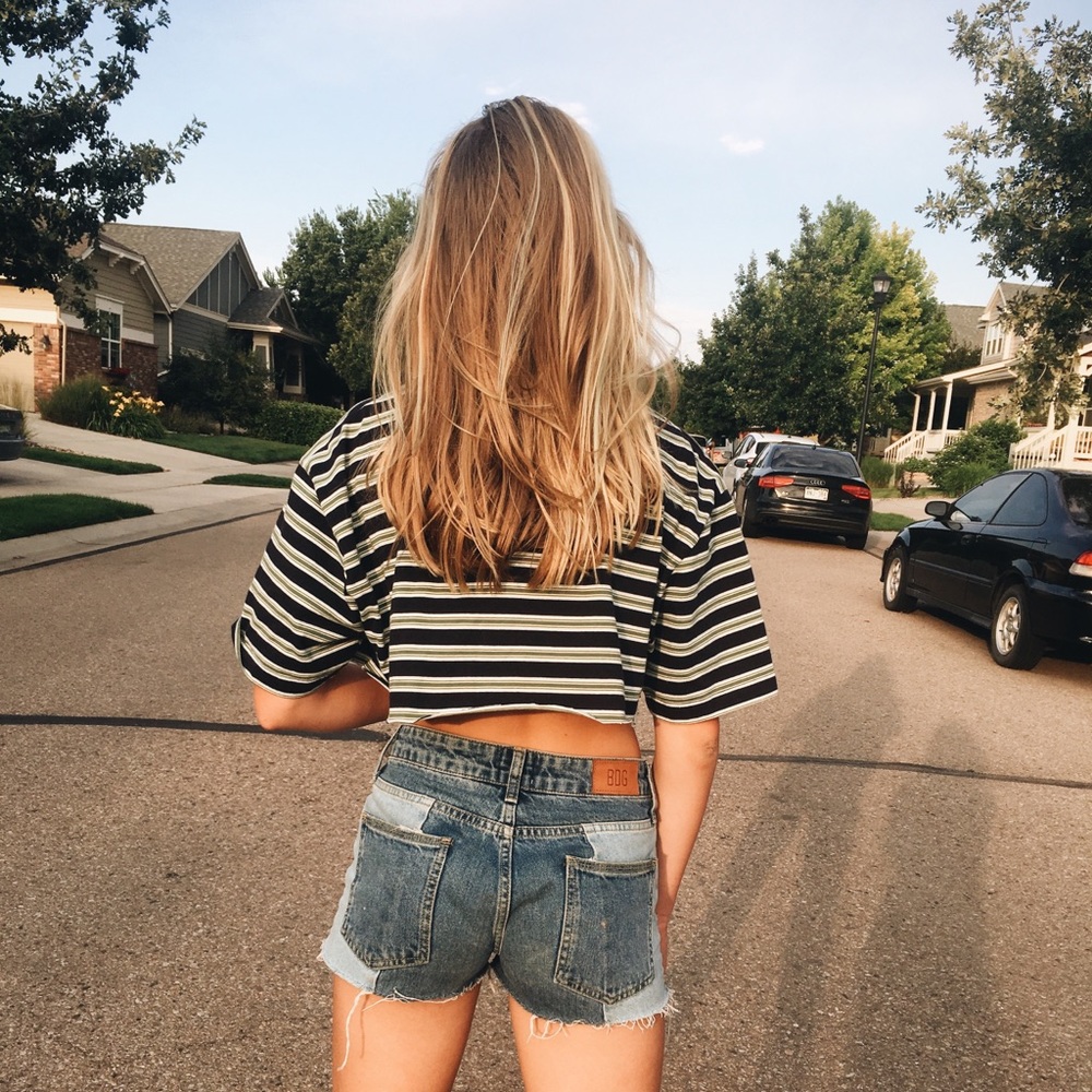 blue and green striped crop top